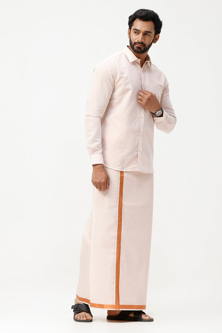 Vaibhav - Copper Orange Shirt and Jari Single Dhoti Tissue Set 2 In 1 For Men | Uathayam