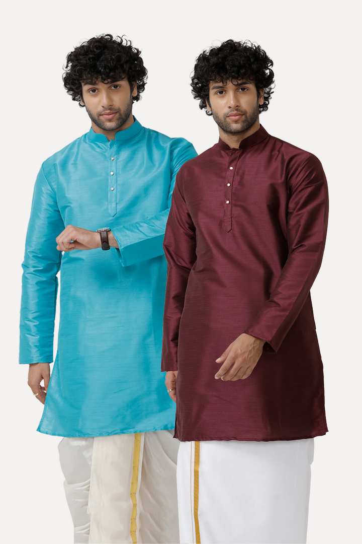 Ethnix - Sky Blue and Dark Maroon Long Kurta Combo for Men | Uathayam