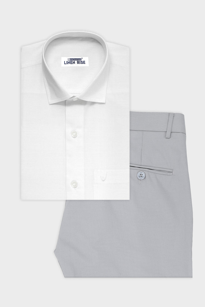 Uathayam Linen Rise White Shirt with Light Gray Trouser Combo for Men