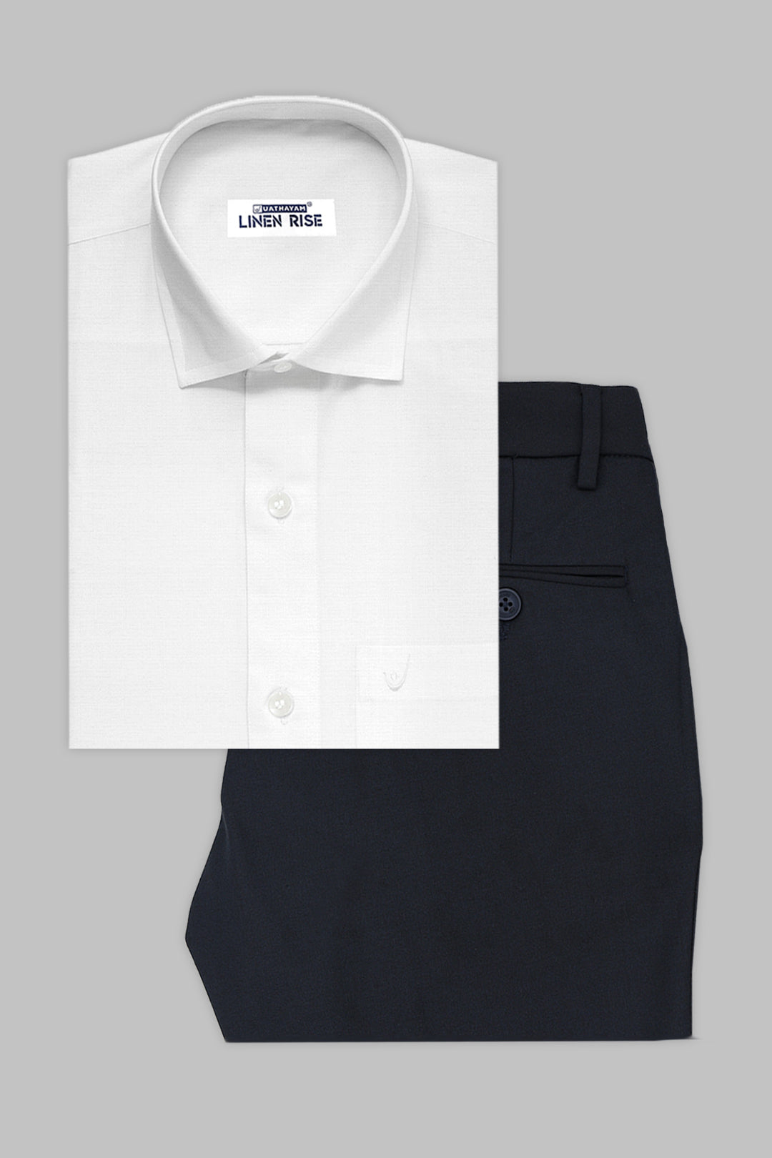Uathayam Linen Rise White Shirt with Midnight Blue Trouser Combo for Men