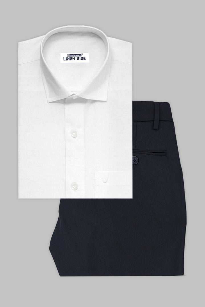 Uathayam Linen Rise White Shirt with Midnight Blue Trouser Combo for Men