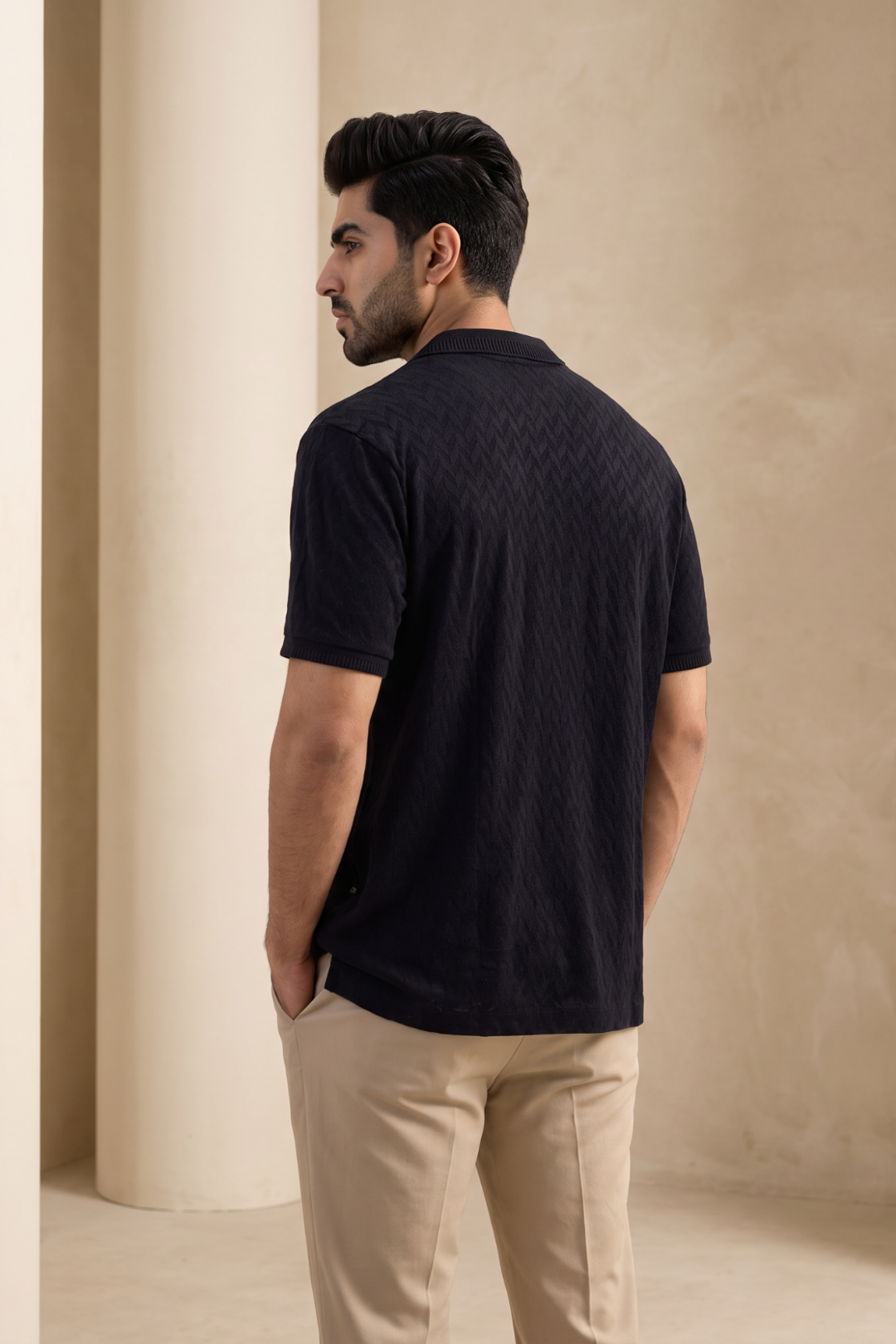 Fashion Polo + Modern Chino - Raven Black T-Shirt With Beige Trouser Combo For Men | Ariser