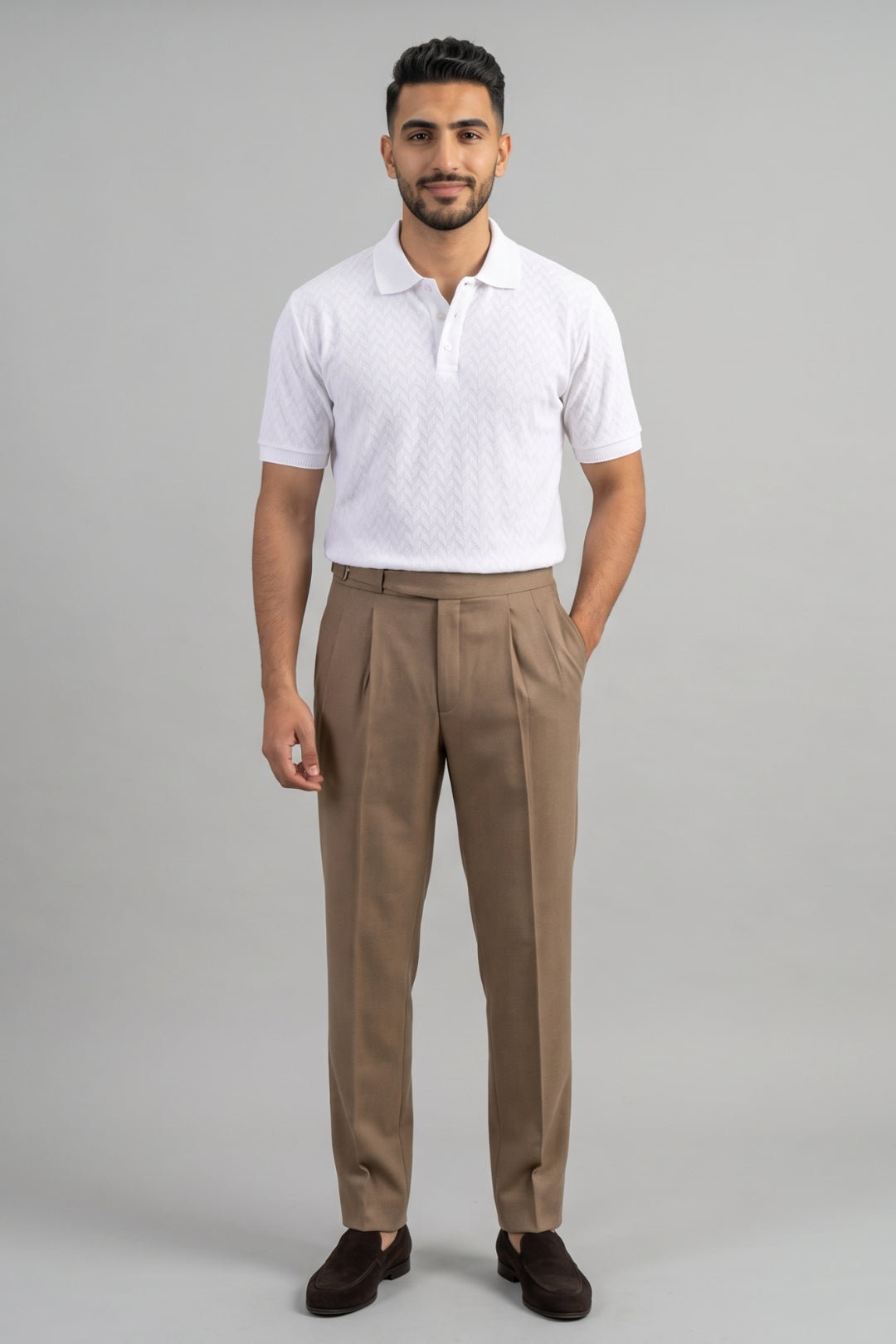Ariser Pure White Polo T-shirt with Classic Khaki Beige Gurkha Trousers