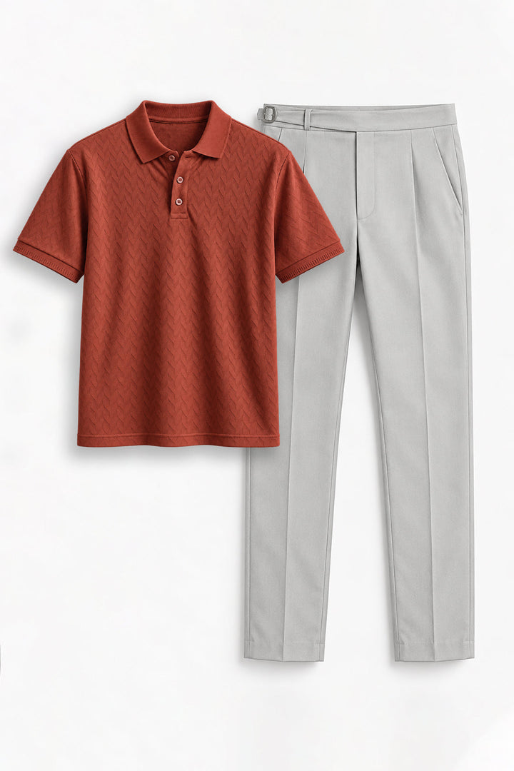 Terra Red T-Shirt With Light Ash Grey Trouser Combo For Men | Ariser
