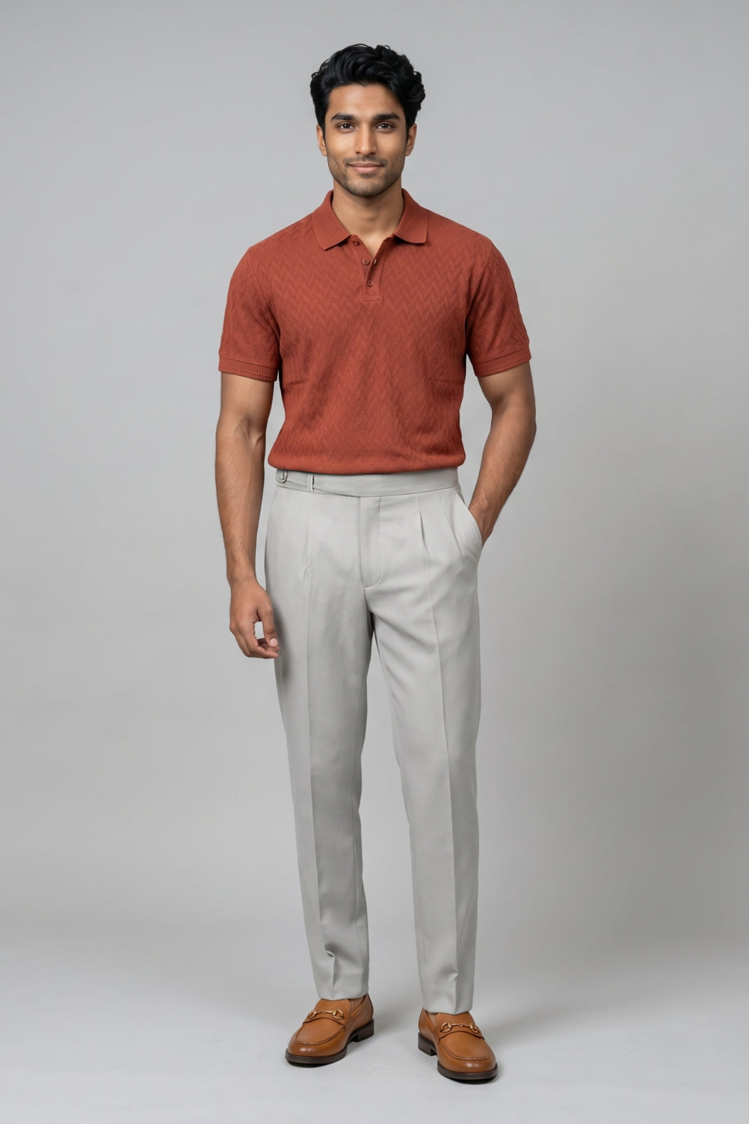 Fashion Polo & Gurkha - Terra Red T-Shirt With Light Ash Grey Trouser Combo