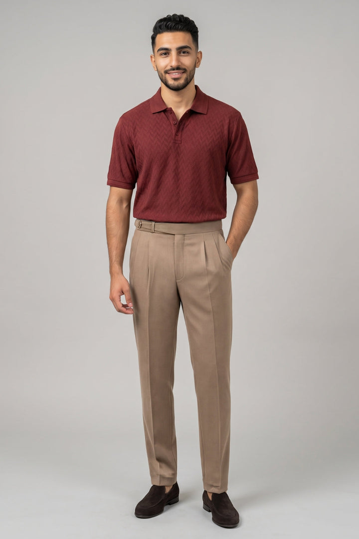 Ariser Royal Maroon Polo T-shirt with Classic Khaki Beige Gurkha Trouser.