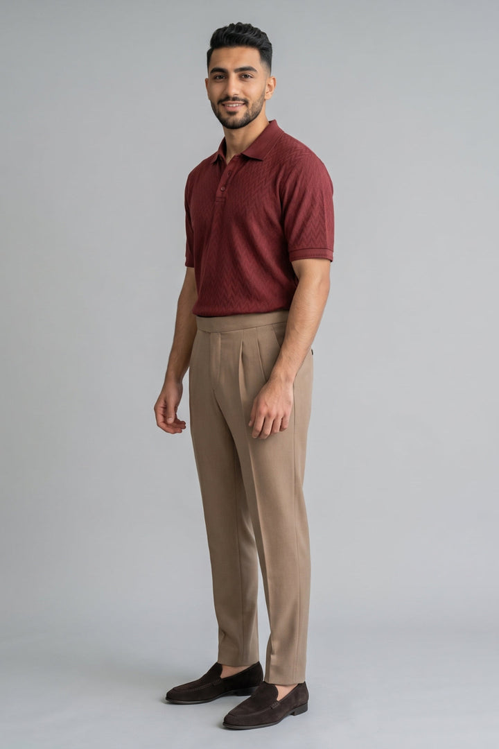 Royal Maroon Men's Polo T-shirt and Khaki Beige Gurkha Pants