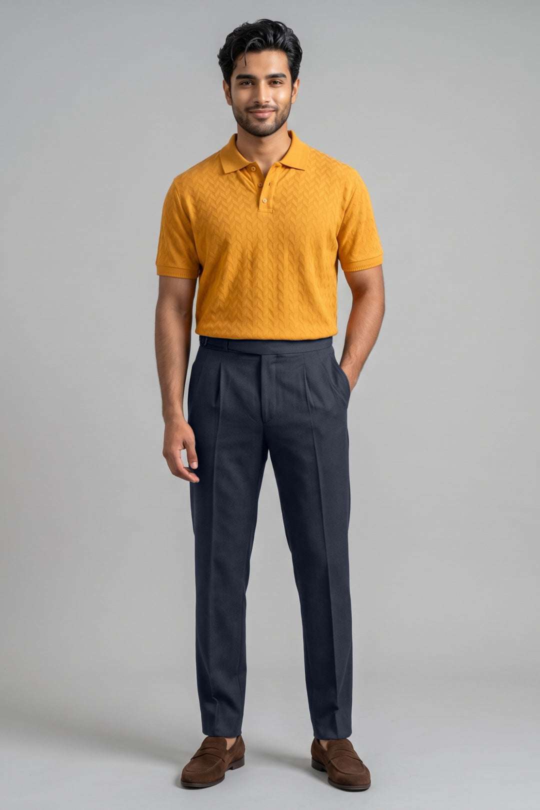 Ariser Mustard Polo T-shirt paired with Classic Navy Blue Trousers