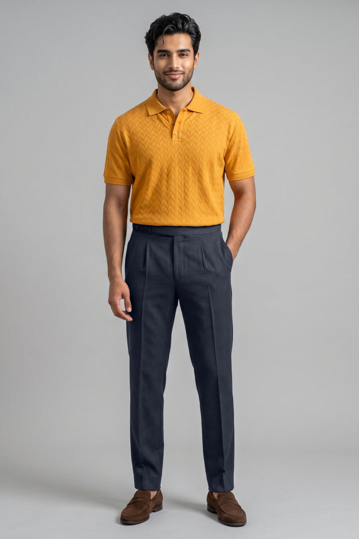 Ariser Mustard Polo T-shirt paired with Classic Navy Blue Trousers