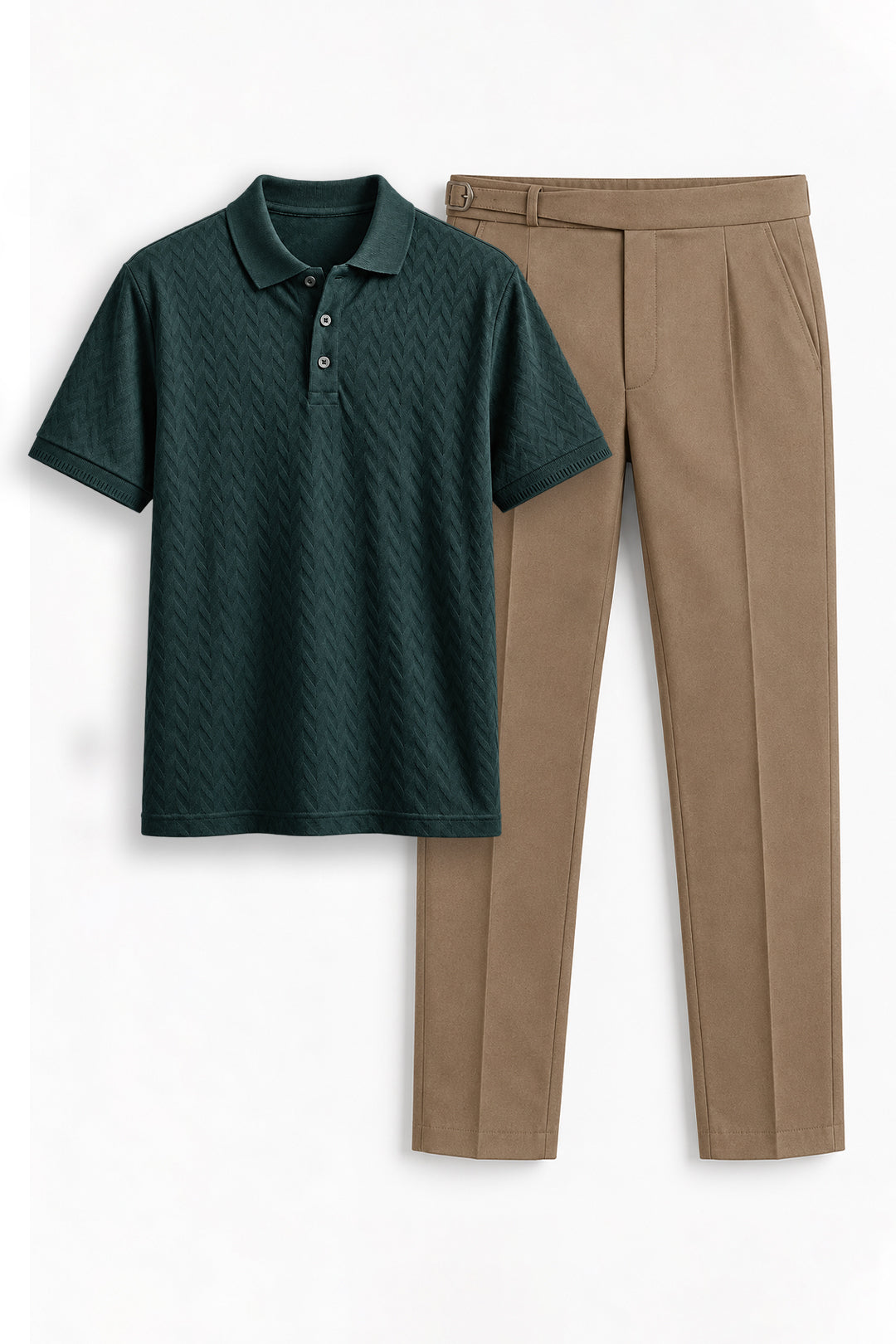 Stylish Deep Emerald Polo and Classic Khaki Beige Trouser Set for Men by Ariser.