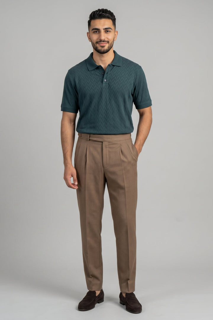 the Ariser Deep Emerald Polo T-shirt with Classic Khaki Beige Gurkha Trousers 