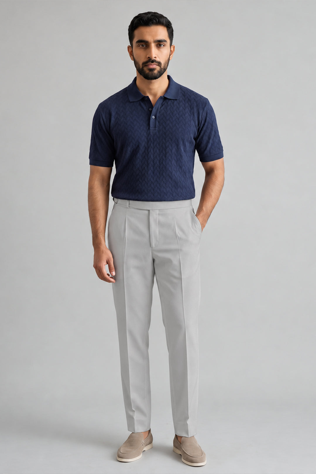 Discover the Ariser Deep Blue Polo T-shirt with Light Ash Grey Gurkha Trousers