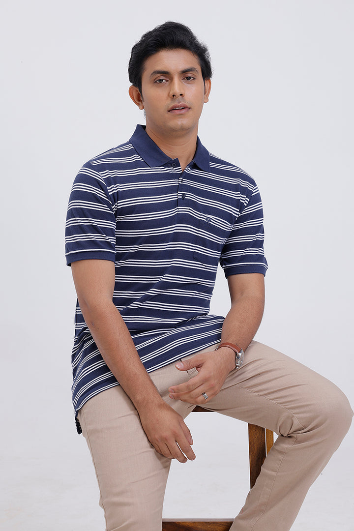 navy blue striped polo t-shirt for men