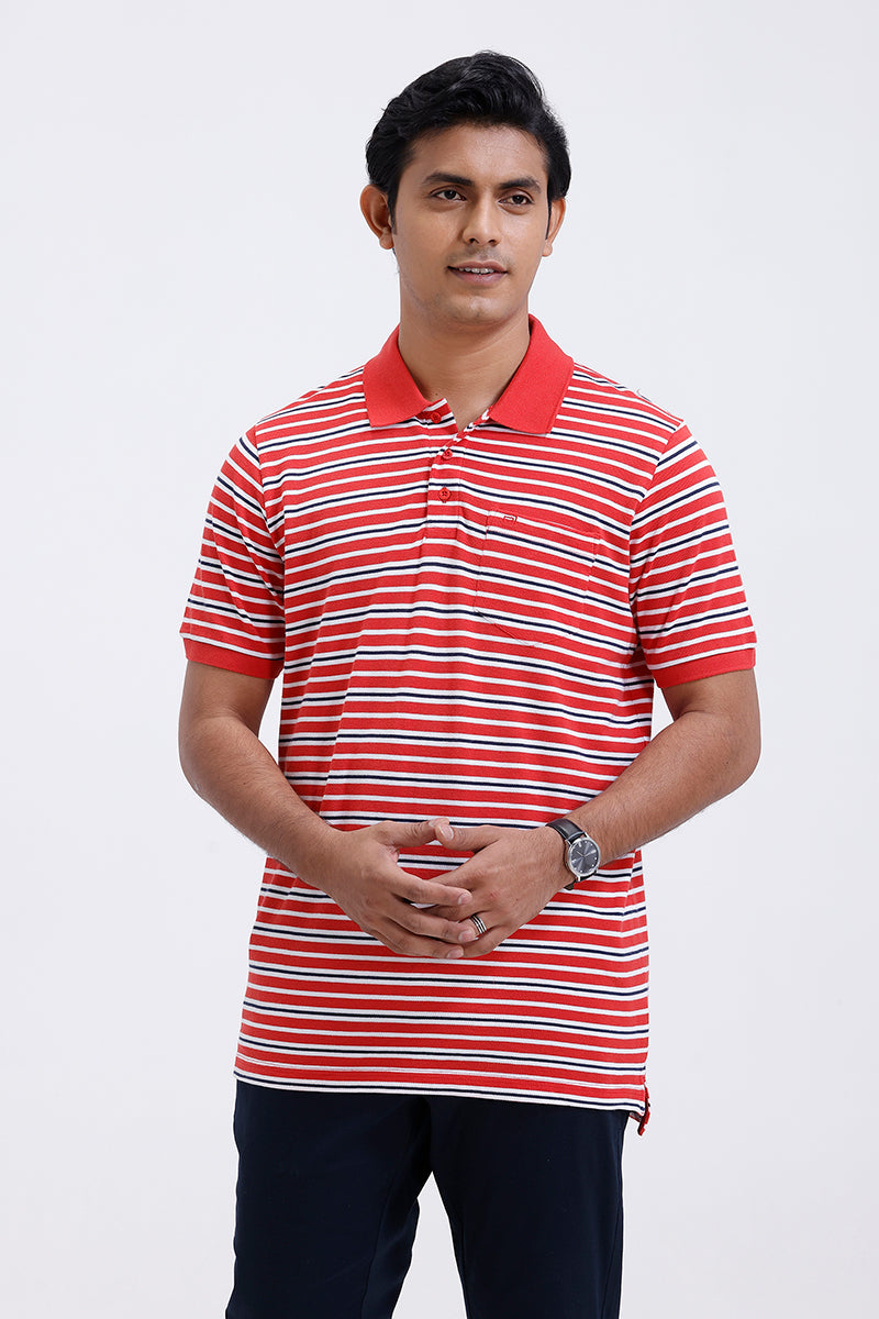 coral red striped polo t shirt men