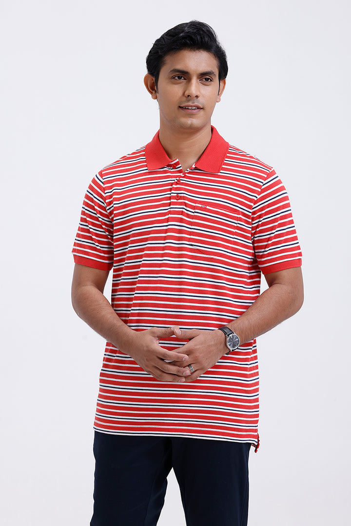 coral red striped polo t shirt men