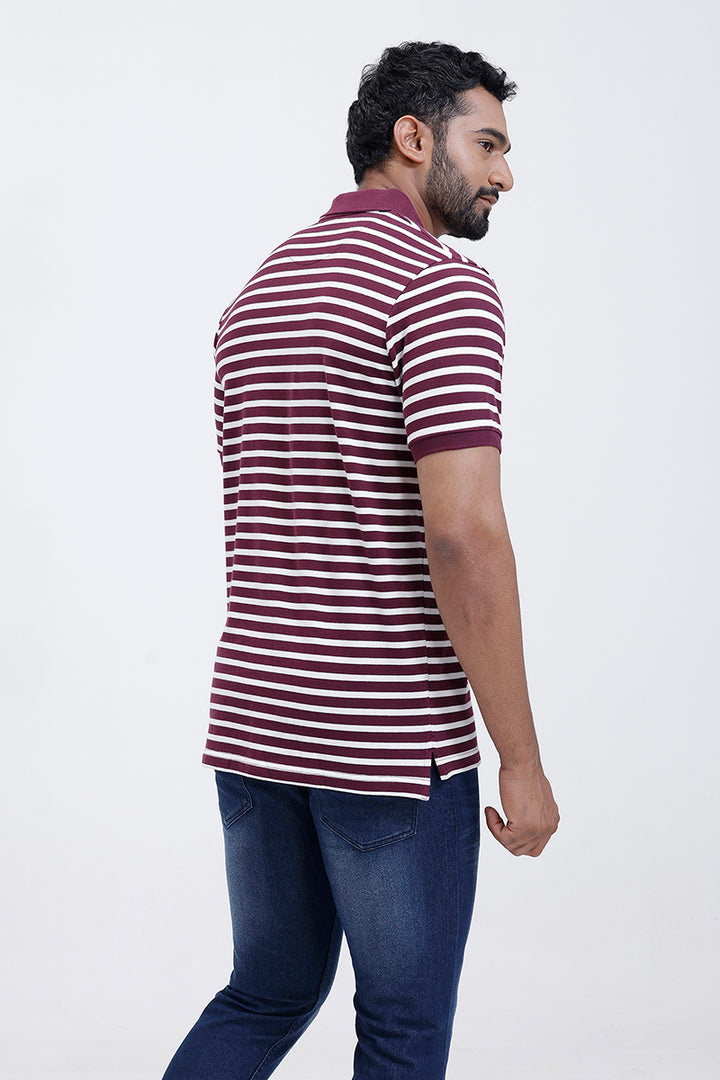 Maroon White Striped Polo Collar T-Shirt for Men