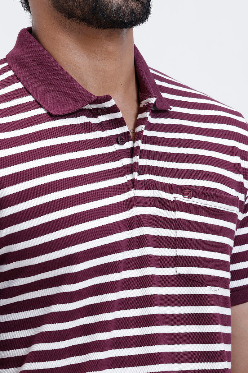 Maroon Polo T-Shirt with White Stripes Mens