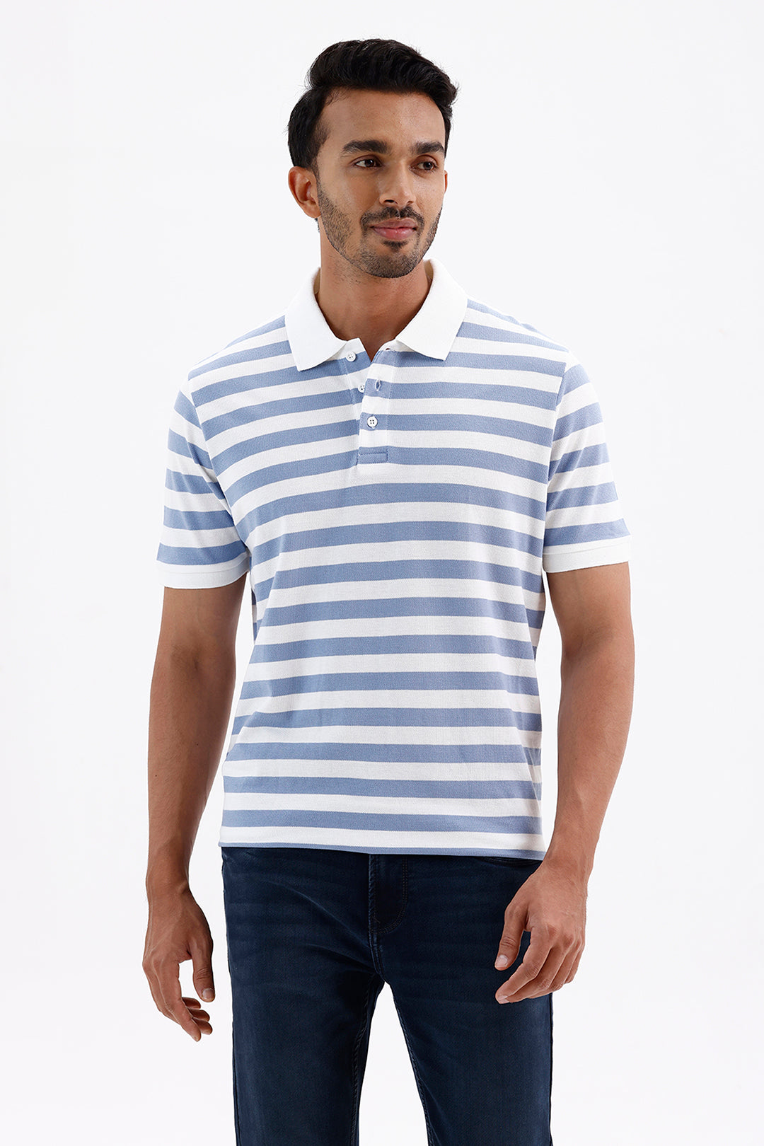 Men's Frost Blue & White Stripes French Polo T-Shirt