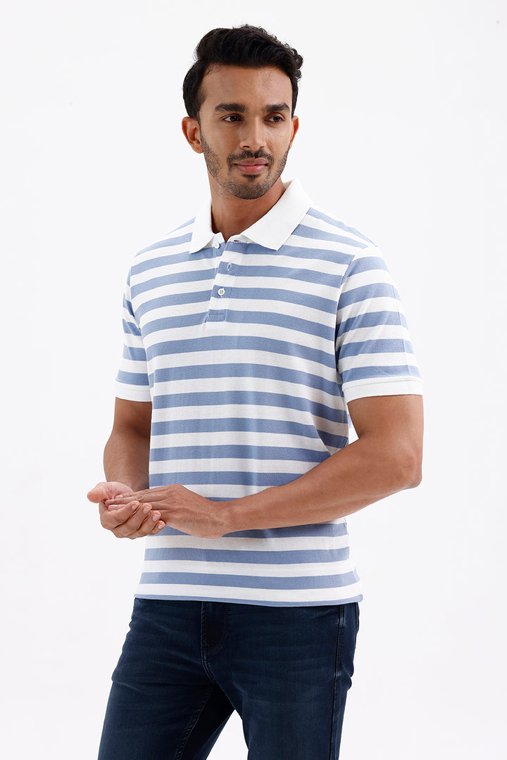 Stylish Frost Blue & White Striped French Polo Men's T-Shirt