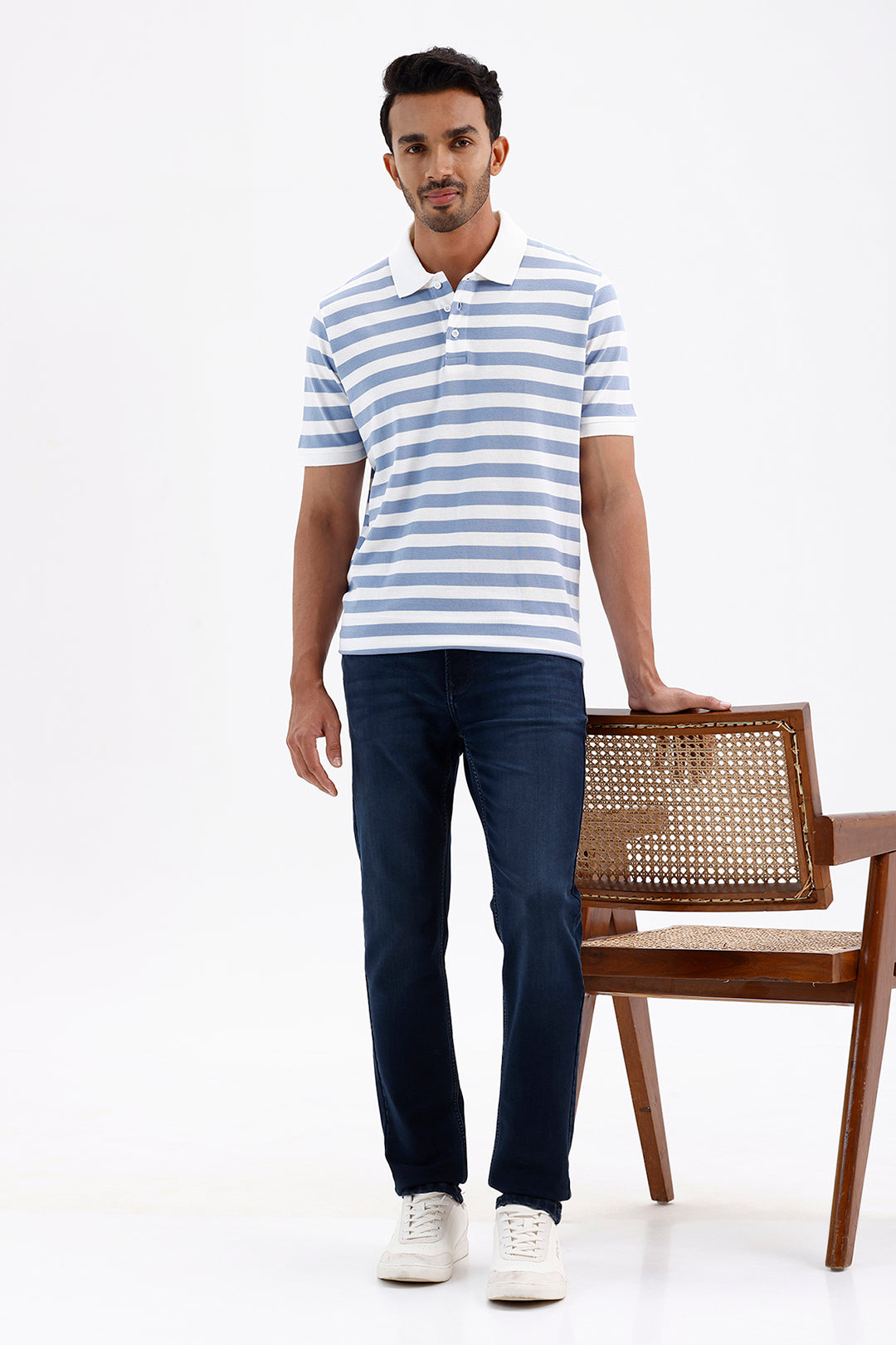 Premium Frost Blue & White Stripes Polo Neck T-Shirt for Men