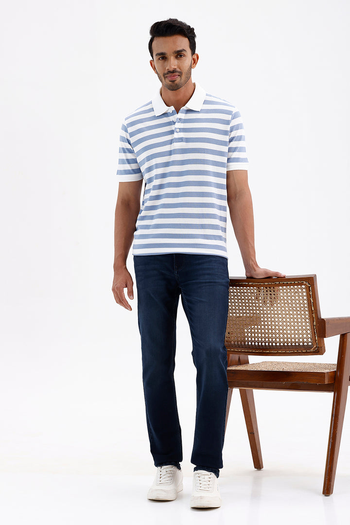 Premium Frost Blue & White Stripes Polo Neck T-Shirt for Men