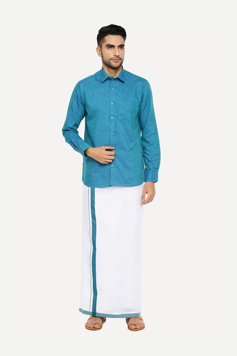 Varna Matching Double Dhoti & Shirt Set Full Sleeves Ramar Blue-11022