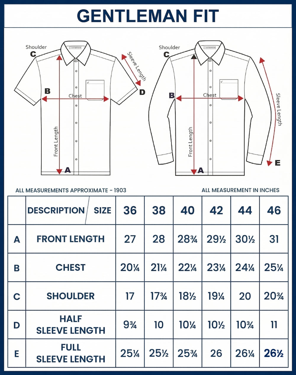 Measurement chart for gentleman fit shirts with labeled dimensions and corresponding measurements.