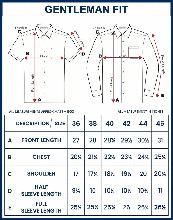 Measurement chart for gentleman fit shirts with labeled dimensions and corresponding measurements.