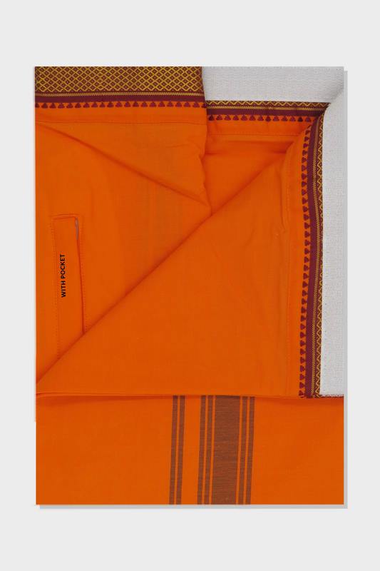 Gokul - Fixit Adjustable Orange Pocket Pet Dhoti With Assorted Border Colors For Men | Uathayam