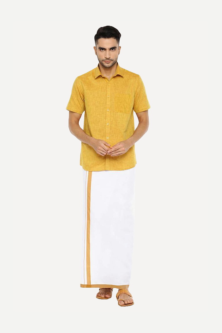 UATHAYAM Varna Matching Dhoti & Shirt Set Half Sleeves Golden Rod-11015