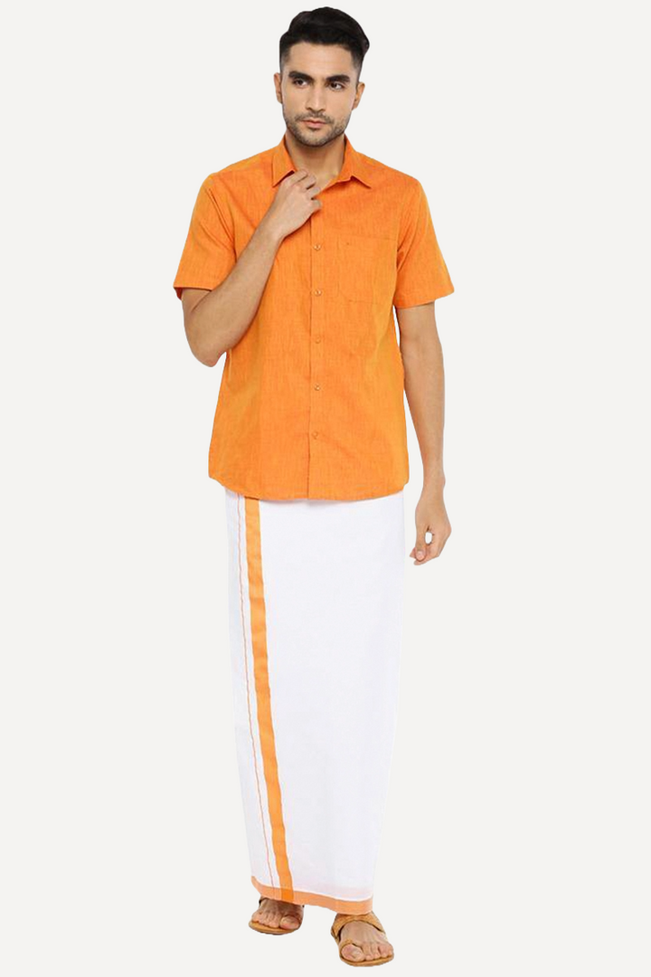 UATHAYAM Varna Matching Dhoti & Shirt Set Half Sleeves Orange-11018