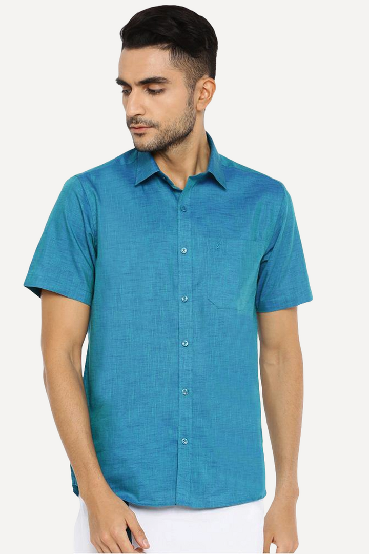 UATHAYAM Varna Matching Dhoti & Shirt Set Half Sleeves Ramar Blue-11022