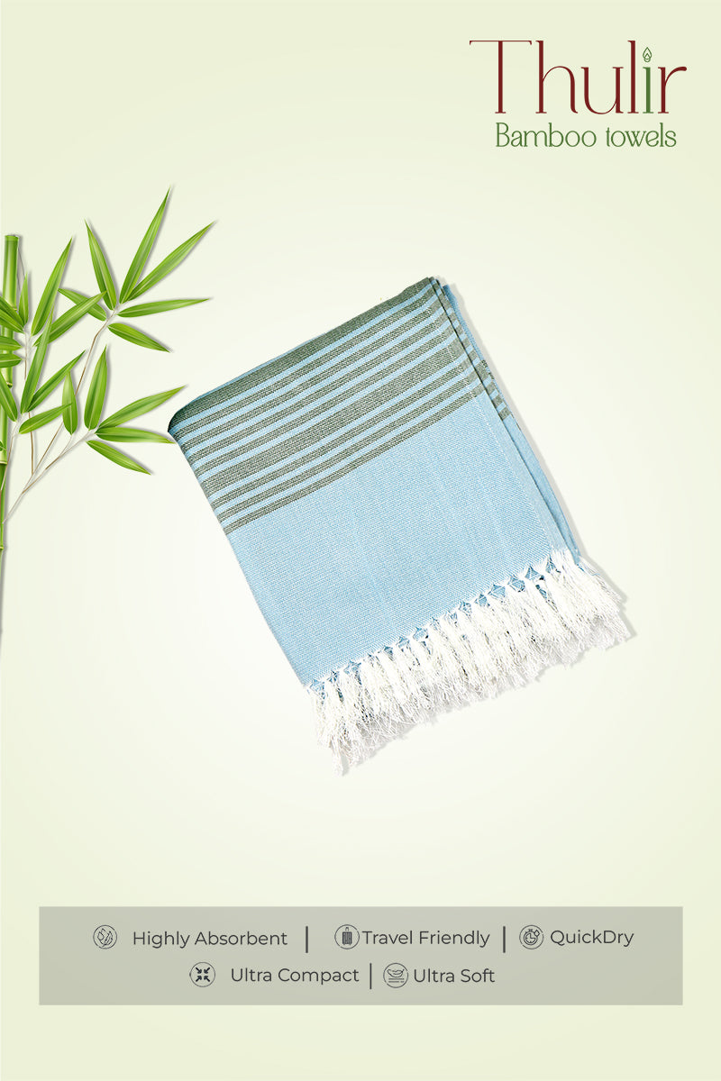 Thulir Bamboo - Blue with Gray Lines Soft and Quick Absorbent Bath Towels (X) | Uathayam