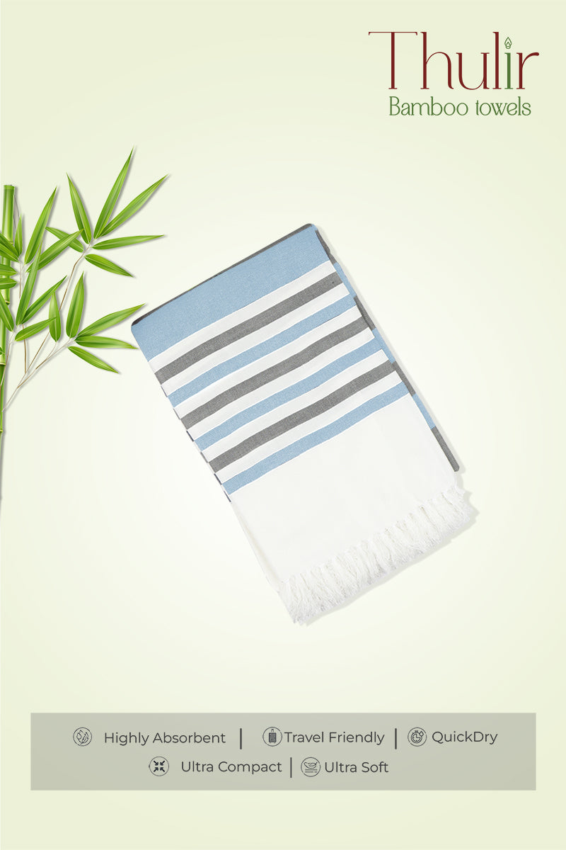 Thulir Bamboo - Blue & Gray Lines Soft and Quick Absorbent Bath Towels (X) | Uathayam