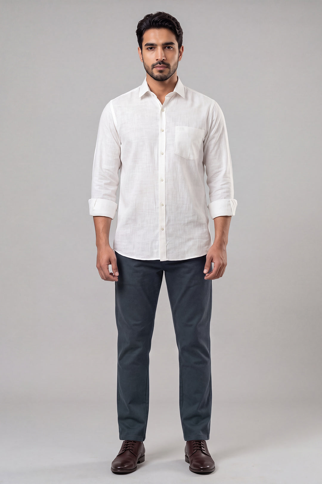 Off White Shirt With Steel Blue Trouser Combo