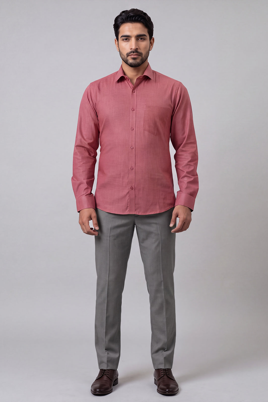 Dusty Pink Shirt With Charcoal Grey Trouser Combo For Men