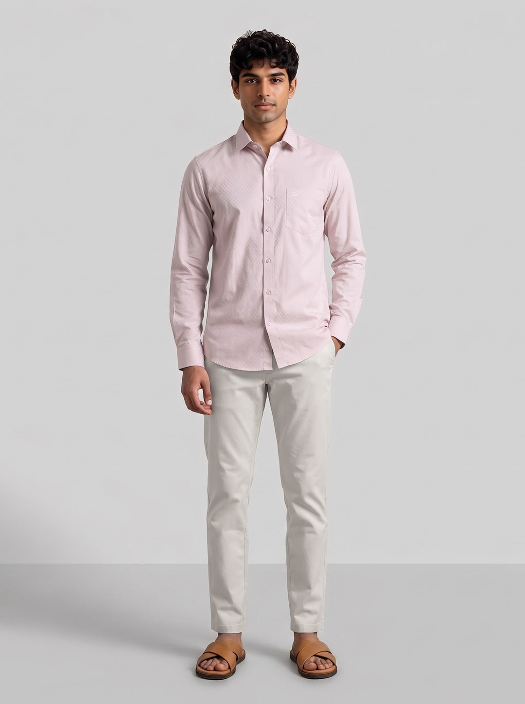 Italian Dobby + Modern Chino - Powder Pink Shirt With Beige Trouser Combo For Men | Ariser