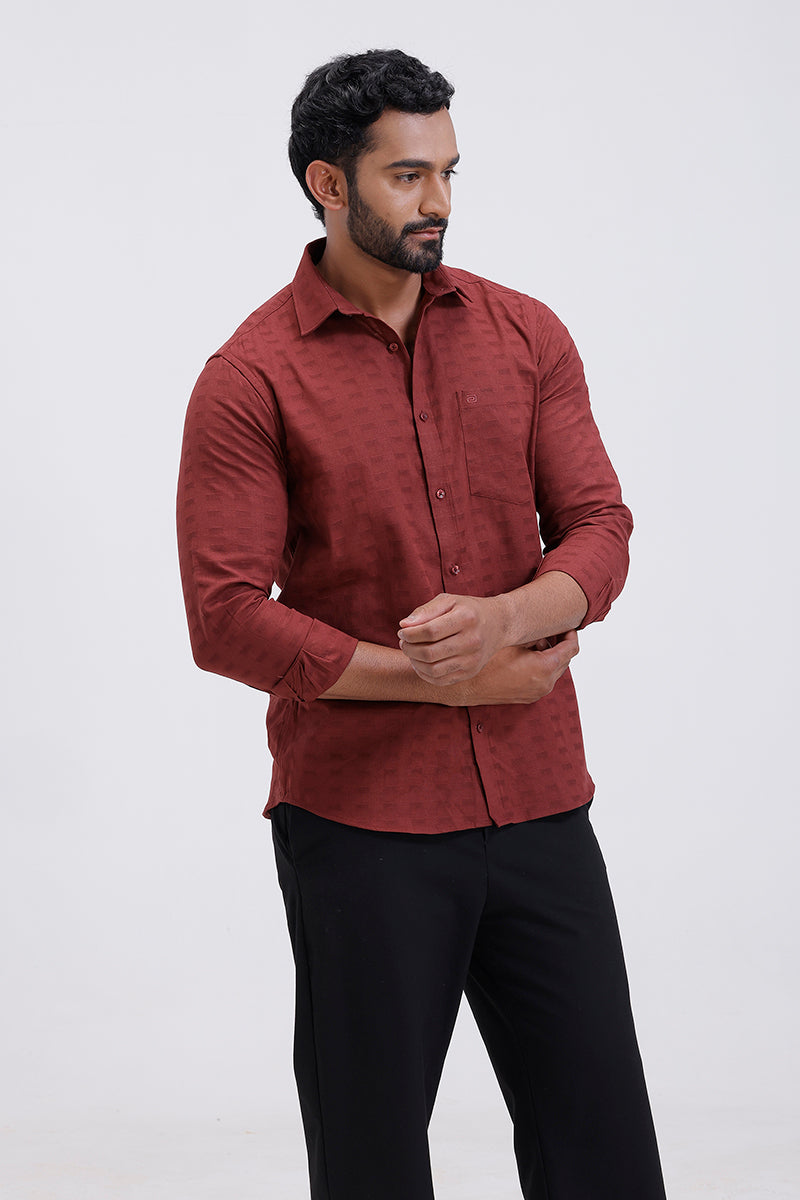 Men’s formal deep brick red shirt with dobby texture