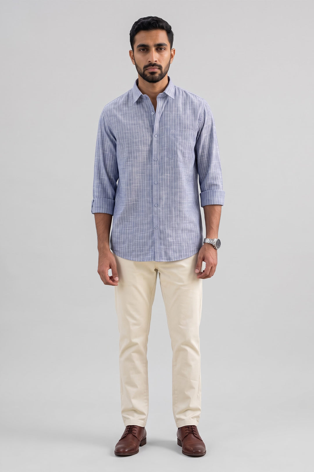 Jeta + Modern Chino - Coastal Blue Shirt With Cream White Trouser Combo For Men | Ariser