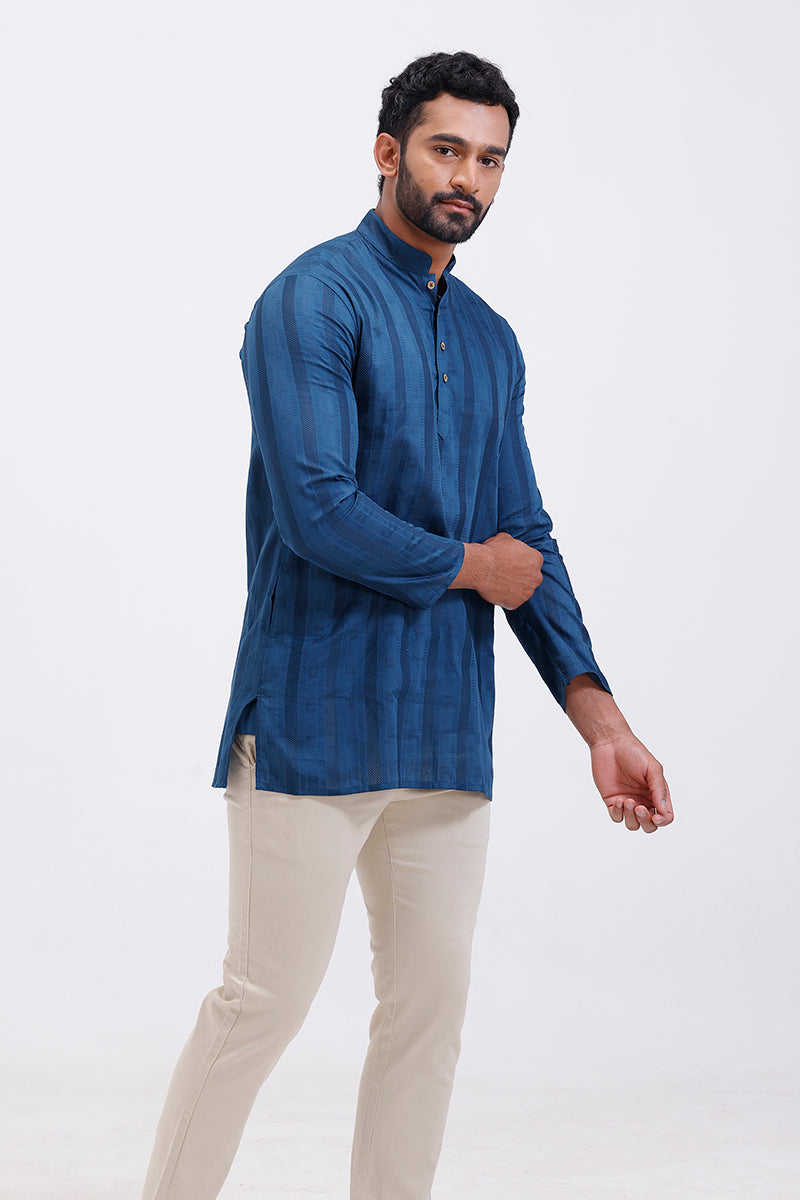 Leno - Peacock Blue Long Kurta for Men | Uathayam