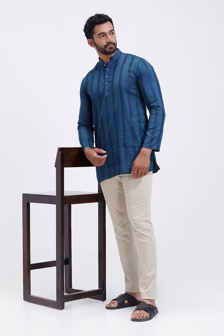 Leno - Peacock Blue Long Kurta for Men | Uathayam