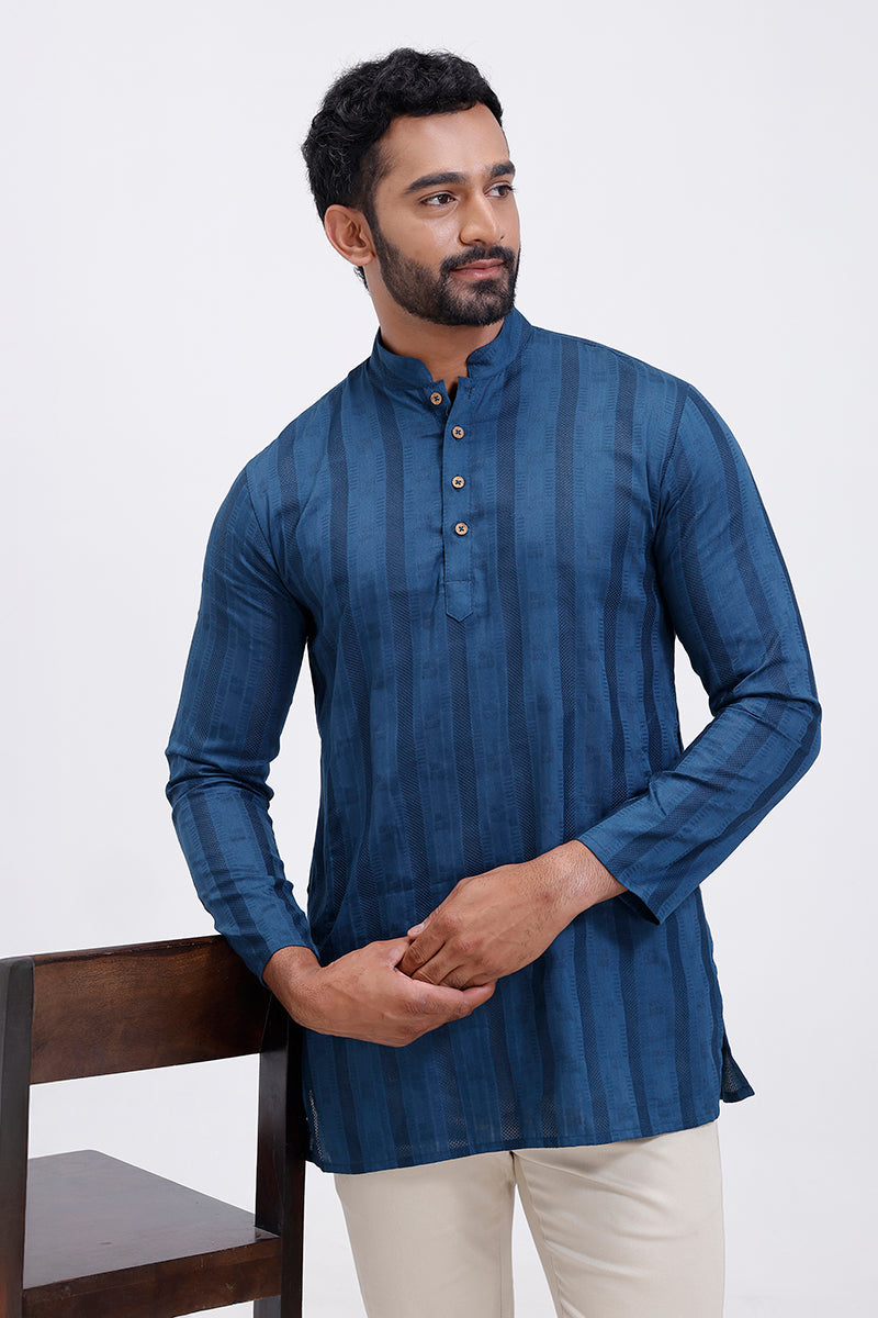 Leno - Peacock Blue Long Kurta for Men | Uathayam