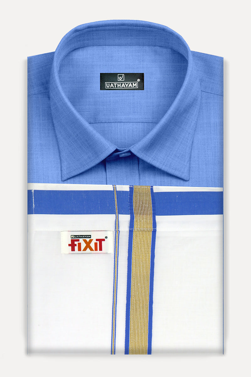 Royal Blue With Fixit Fancy Border Dhoti Matching Set - KU10704