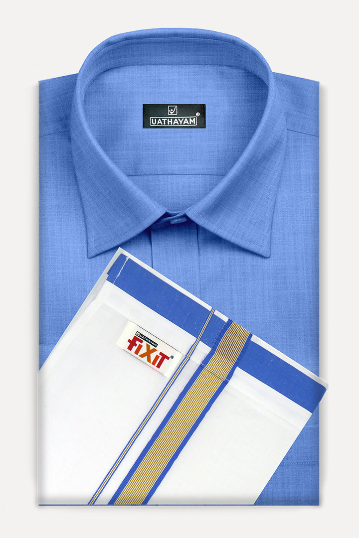 Royal Blue With Fixit Fancy Border Dhoti Matching Set - KU10704