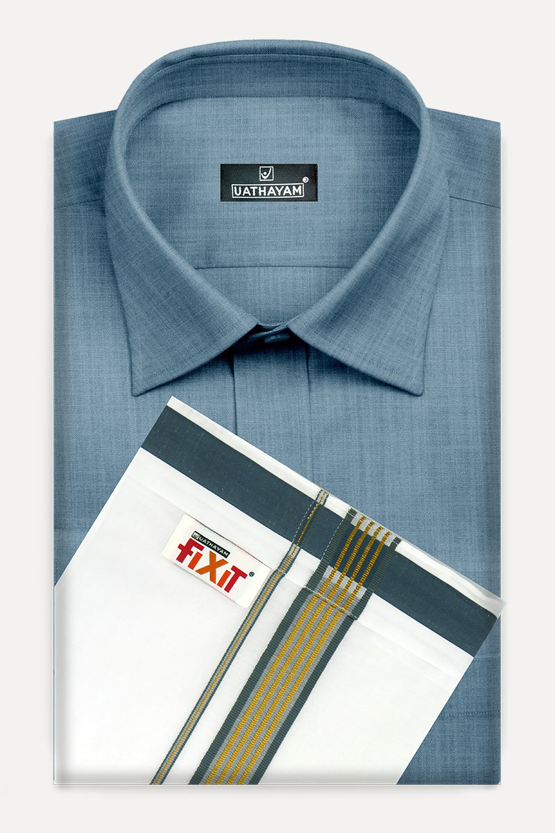 Teal Blue With Fixit Fancy Border Dhoti Matching Set - KU10709