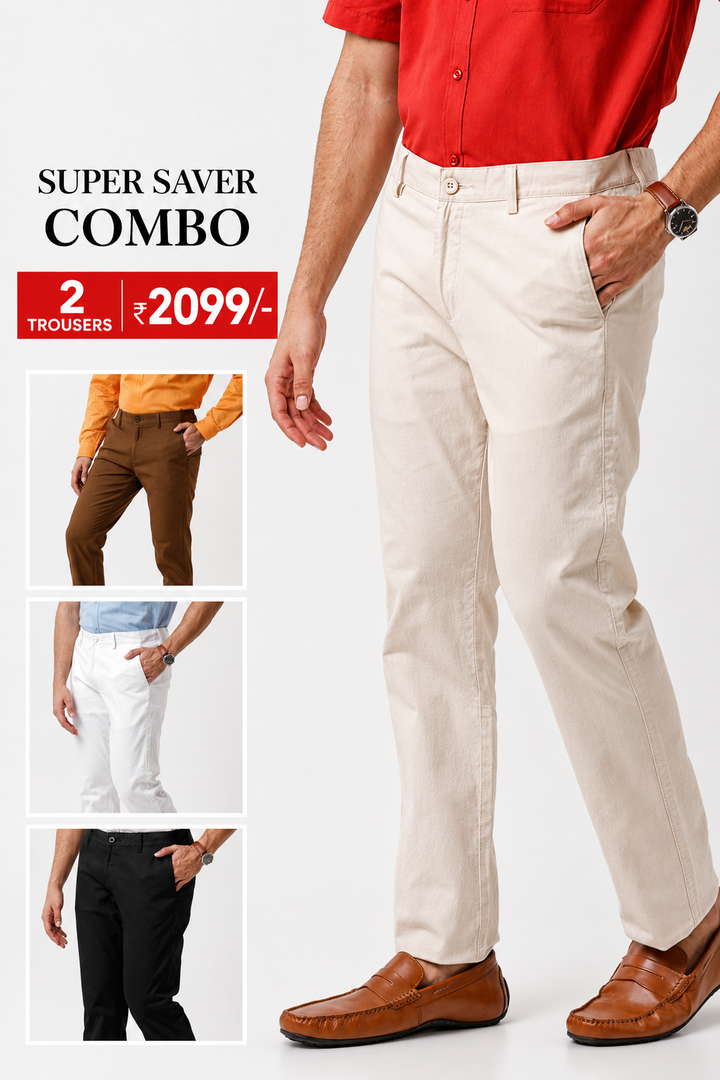 Person wearing beige pants with a red shirt, surrounded by images of other pants in different colors on a white background.