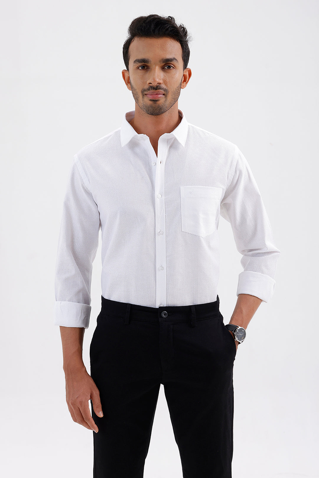 Lino Dobby White Cotton Formal Shirt for Men by Uathayam