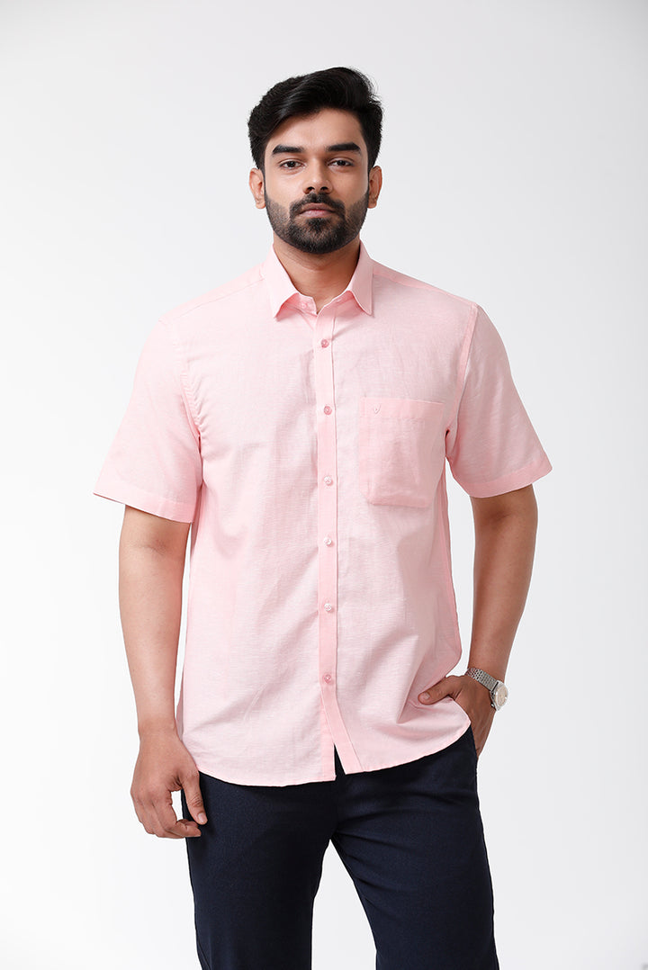 Men's Solid Cotton Linen Half Sleeve Shirts - Light Pink LC10102H