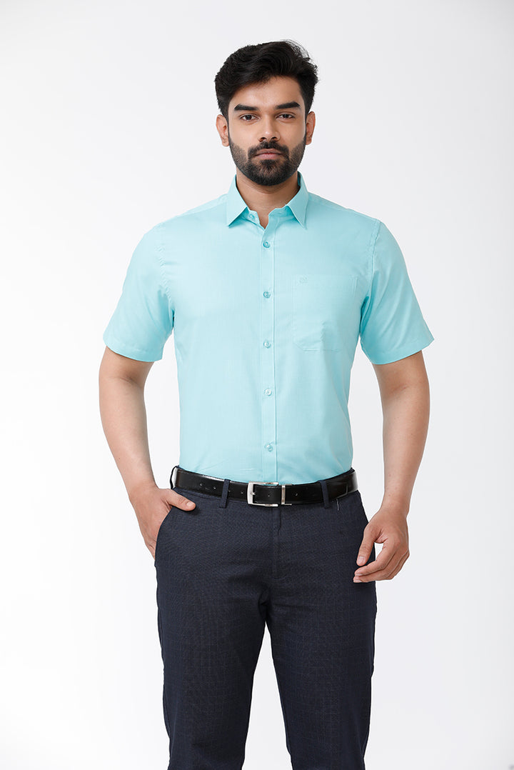 ARISER Zurich Turquoise Blue Color Cotton Rich Solid Formal Slim Fit Half Sleeve Shirt for Men - ZU10402
