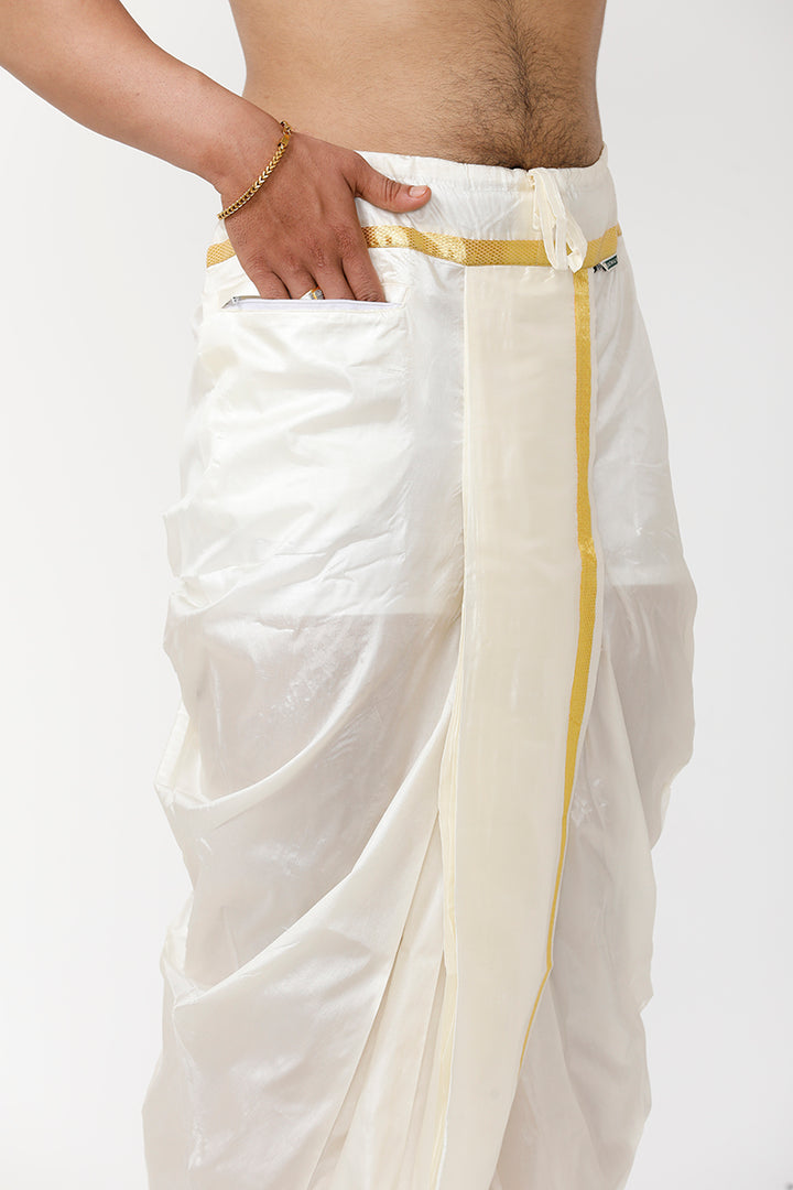 UATHAYAM Subha Mangalam Cream Color Art Silk Kurta Full Sleeve & Panchakacham 3 in 1  Set For Men